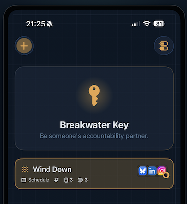 Breakwater Focus showing a Breakwater Key accountability card and Wind Down schedule